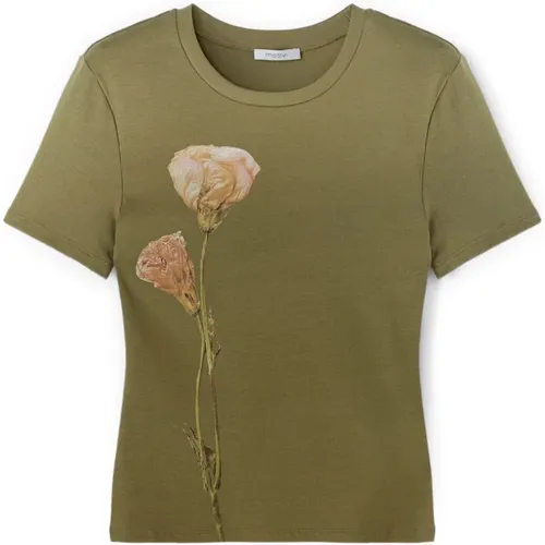 Geripptes T-Shirt mit bedrucktem Blumenmotiv , Damen, Größe: S - Motivi - Modalova