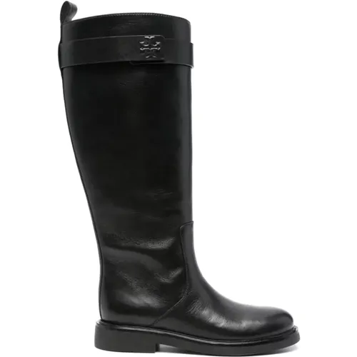 Schwarze Hohe Stiefel mit Geprägtem Logo , Damen, Größe: 37 EU - TORY BURCH - Modalova