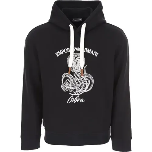 Schwarzer Baumwoll-Jersey-Hoodie mit Kobra-Stickerei - Emporio Armani - Modalova