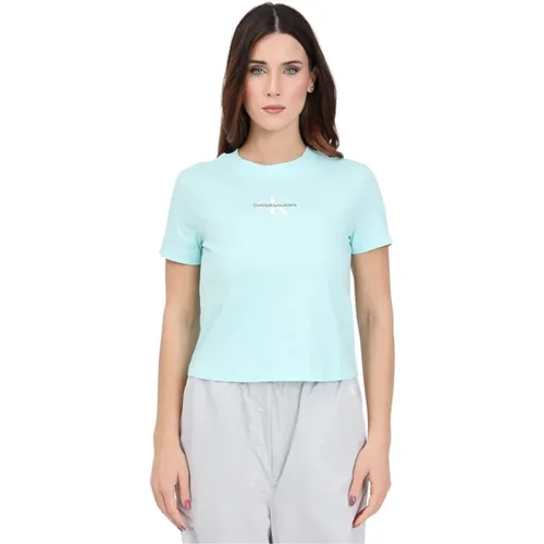 Aqua grünes Damen T-Shirt mit Logo-Print , Damen, Größe: M - Calvin Klein Jeans - Modalova