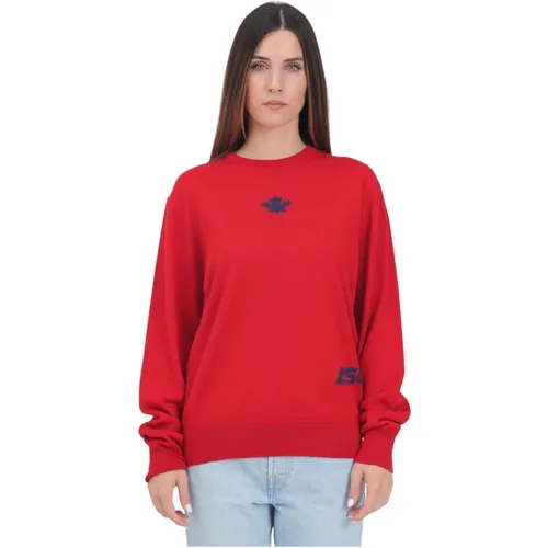 Roter Rundhalspullover mit Jacquard-Logo , Damen, Größe: L - Dsquared2 - Modalova