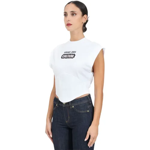 Weiße ärmellose T-Shirt mit gotischer Logo-Stickerei , Damen, Größe: S - Versace Jeans Couture - Modalova