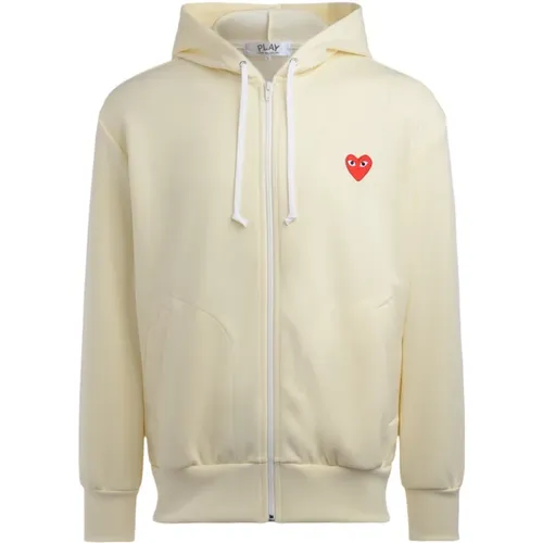 Ivory Hooded Zip-Up Sweatshirt with Red Heart , male, Sizes: XL, L - Comme des Garçons Play - Modalova