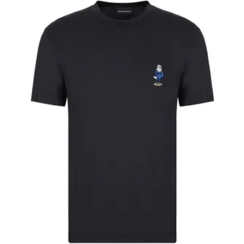 Navyblaues T-Shirt mit kurzen Ärmeln und Maxi Eagle Cartoon Patch , Herren, Größe: S - Emporio Armani - Modalova