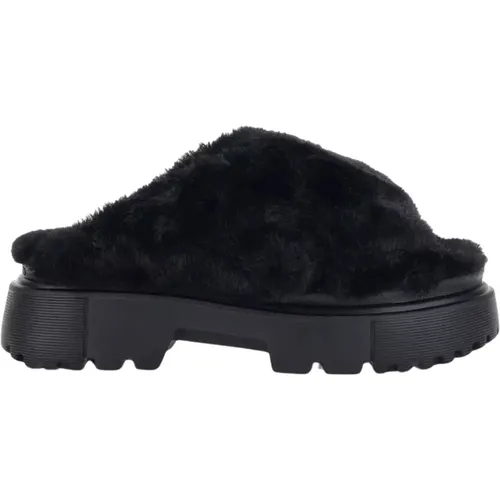 Schwarze Furry Slides , Damen, Größe: 39 1/2 EU - Hogan - Modalova