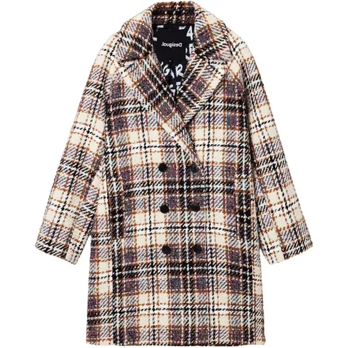 Brown Checked Buttoned Coat , female, Sizes: S - Desigual - Modalova