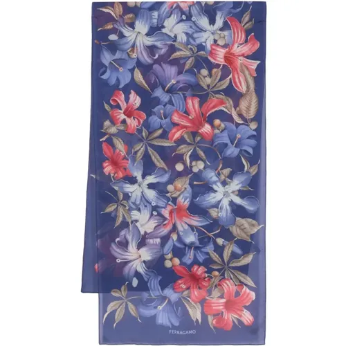Blauer Seidenschal mit Blumenmuster , Damen, Größe: ONE Size - Salvatore Ferragamo - Modalova