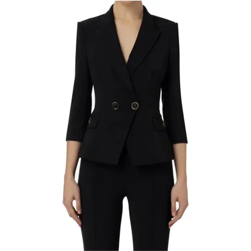 Schwarze Jacken für Frauen,Schwarze doppelreihige Crêpe-Jacke mit Logo - Elisabetta Franchi - Modalova