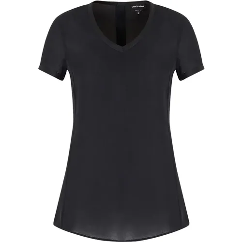 Schwarze Seiden Crepe Bluse V-Ausschnitt Kurzarm - Giorgio Armani - Modalova