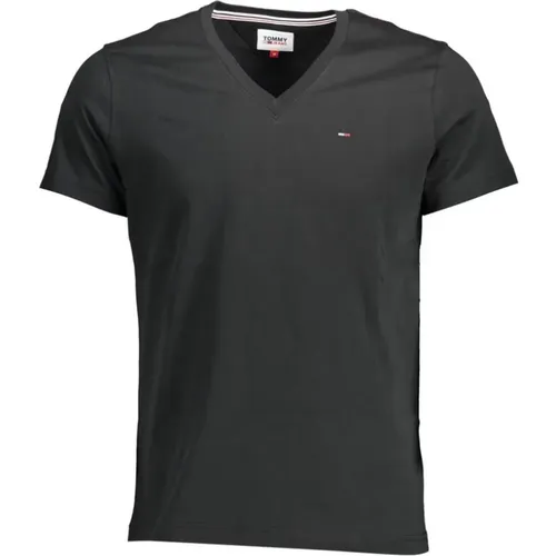 Schwarzes Baumwoll V-Ausschnitt T-Shirt mit gesticktem Logo , Herren, Größe: S - Tommy Hilfiger - Modalova