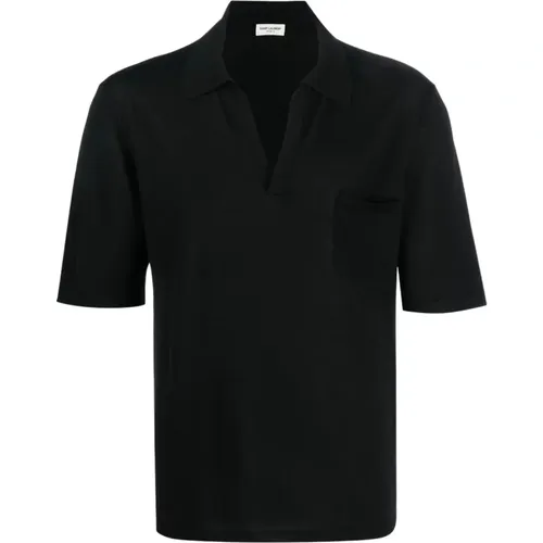 Schwarzes Woll-V-Ausschnitt Polo Shirt - Saint Laurent - Modalova