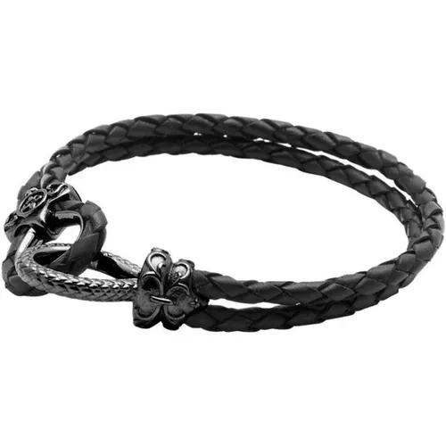 Men's Leather Bracelet with Rhodium Hook Clasp - Nialaya - Modalova