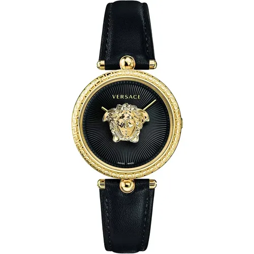 Palazzo Black Leather Strap Watch , female, Sizes: ONE SIZE - Versace - Modalova