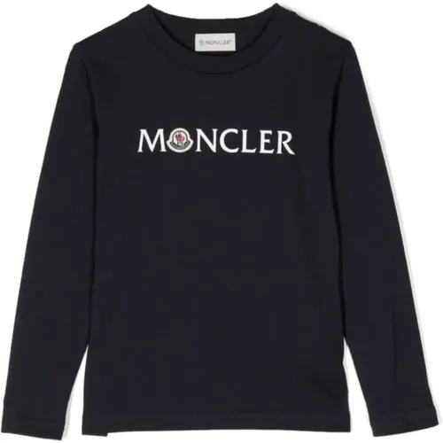 Blaues Logo Print Baumwoll T-Shirt für Kinder - Moncler - Modalova