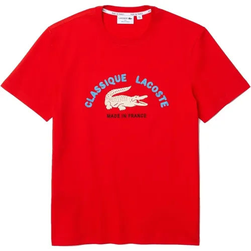 Französische Bio-Baumwoll-Rote bestickte T-Shirts , Herren, Größe: S - Lacoste - Modalova