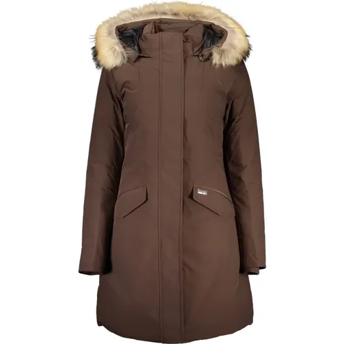 Long Hooded Jacket with Removable Fur, 2 Pockets, Zip and Buttons , female, Sizes: L - Woolrich - Modalova