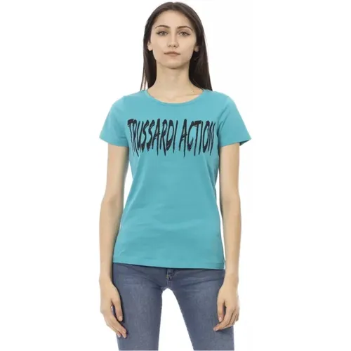 Schickes hellblaues Kurzarm-T-Shirt mit Frontprint , Damen, Größe: L - Trussardi - Modalova