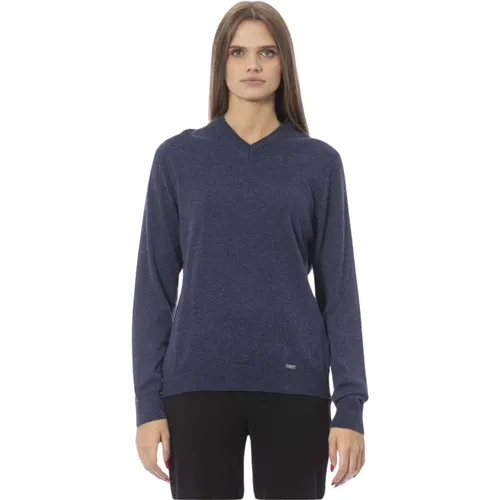 Blauer V-Ausschnitt Rippstrickpullover Monogrammdetail , Damen, Größe: L - Baldinini - Modalova