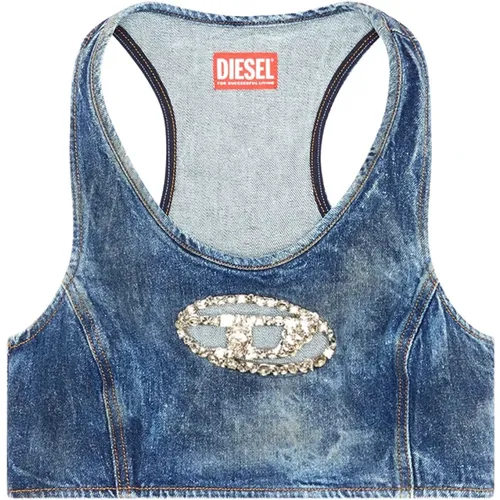 Cropped denim top with crystal plaque , female, Sizes: M, S - Diesel - Modalova