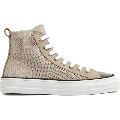 Metallic-Knit Sneakers with Monili Embellishment , female, Sizes: 4 1/2 UK, 6 UK, 5 1/2 UK, 5 UK - BRUNELLO CUCINELLI - Modalova