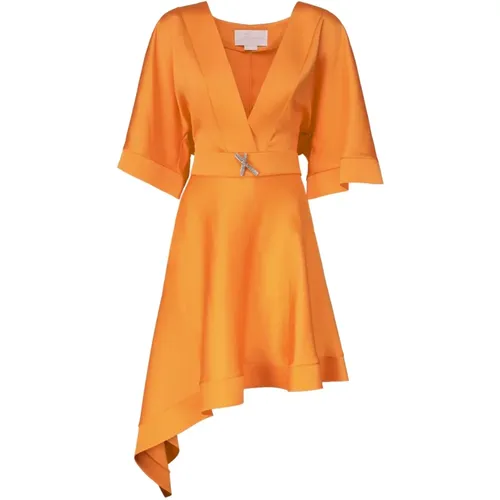 Korallfarbenes V-Ausschnitt Kleid mit Gürtel,Asymmetrisches Kleid mit Kristallverzierung,Summer Dresses - Genny - Modalova