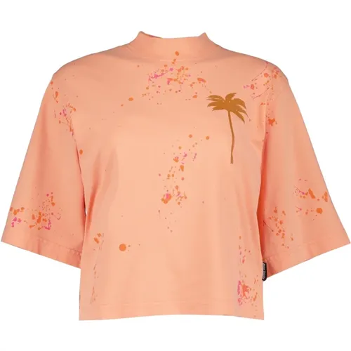 Bemaltes T-Shirt mit Rundhalsausschnitt und Dreiviertelärmeln , Damen, Größe: XS - Palm Angels - Modalova