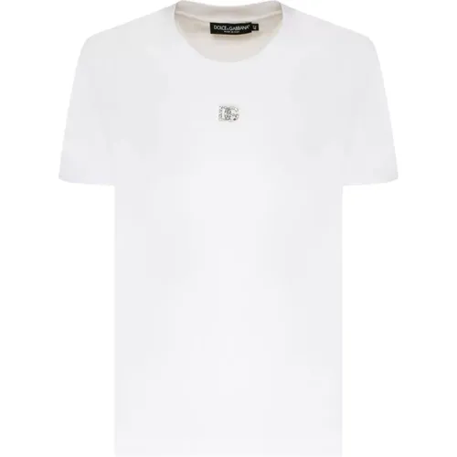 Weiße T-Shirts und Polos von D&G,Kristall Logo Baumwoll T-shirt Rundhals,Weiße T-Shirts und Polos von ,T-Shirts - Dolce & Gabbana - Modalova