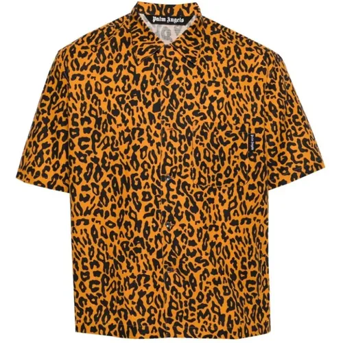 Leopardenmuster Leinen-Baumwollhemd , Herren, Größe: L - Palm Angels - Modalova