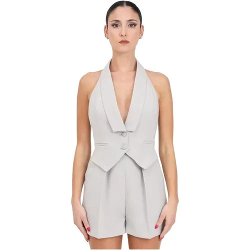 Pearl Grey Crêpe Short Jumpsuit with Vest , female, Sizes: XL, S, 2XL, M, L - Elisabetta Franchi - Modalova
