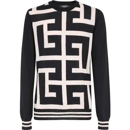 Jacquard Merino Wool Crew-Neck Sweater , Herren, Größe: M - Balmain - Modalova