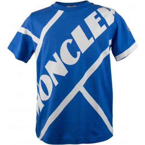 Blaues Baumwoll T-Shirt mit diagonalem Logo - Moncler - Modalova