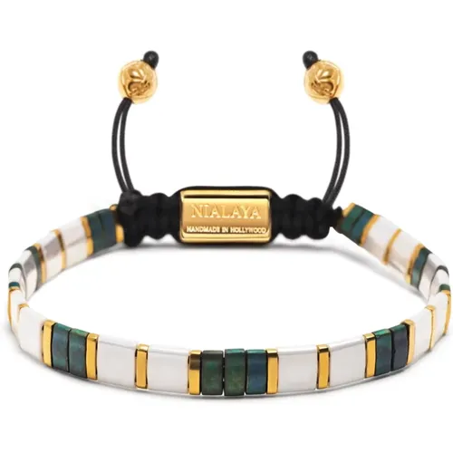 Women's Bracelet with White, Patina Green and Gold Miyuki Tila Beads , Damen, Größe: S - Nialaya - Modalova