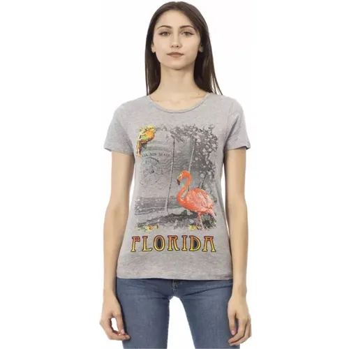 Schickes Graues Rundhals-T-Shirt mit Frontdruck , Damen, Größe: M - Trussardi - Modalova