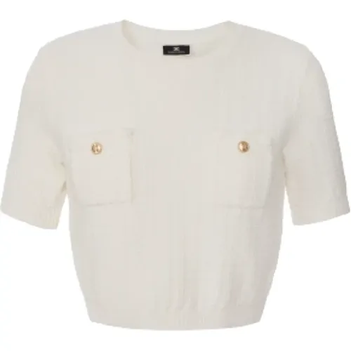 Ivory Sweater with Short Sleeves and Button Detail , female, Sizes: XL - Elisabetta Franchi - Modalova