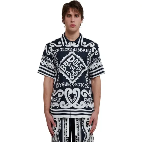 Marine Print Silk Shirt with Vanity Collar , male, Sizes: 2XL - Dolce & Gabbana - Modalova