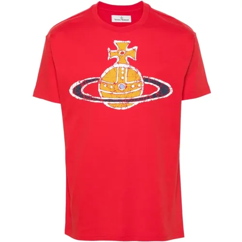 Rote Baumwoll-T-Shirts und Polos mit Signature Orb Print , Herren, Größe: L - Vivienne Westwood - Modalova