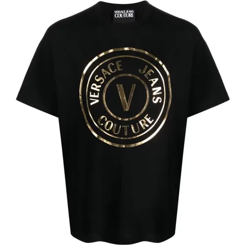 Schwarzes T-Shirt mit Folienprint - Versace Jeans Couture - Modalova
