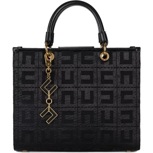 Schwarzer Jacquard Shopper mit Kunstledergriffen , Damen, Größe: ONE Size - Elisabetta Franchi - Modalova