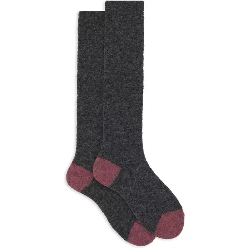 Lange einfarbige graue Bouclé-Socken für Damen mit kontrastierenden Details , Damen, Größe: S - Gallo - Modalova