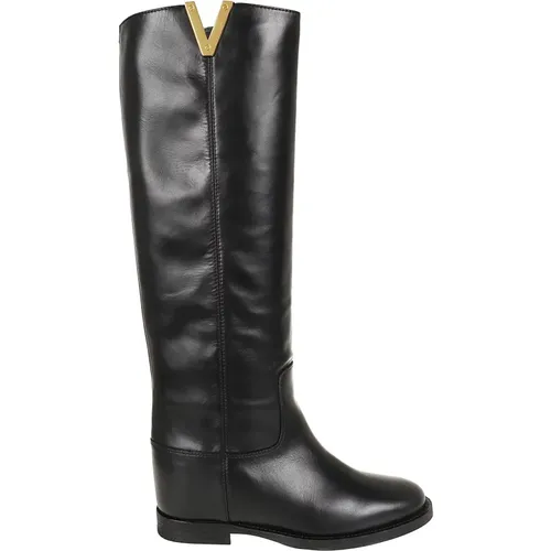 Schwarzer Kniehoher Stiefel mit Goldplakette , Damen, Größe: 36 EU - Via Roma 15 - Modalova