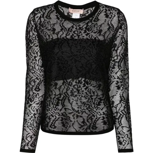 Schwarze Spitzen T-Shirts und Polos , Damen, Größe: M - Twinset - Modalova