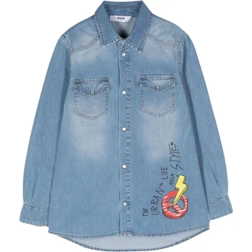 Kinder Denim Hemd mit Logo-Druck - MSGM - Modalova