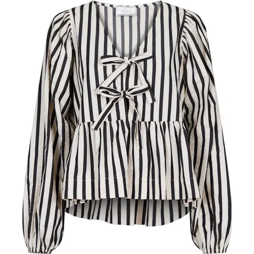 Contrast Stripe Blouse with Puff Sleeves , female, Sizes: XL - NEO NOIR - Modalova