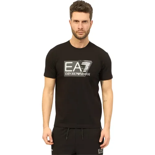 Schwarzes Baumwoll Rundhals T-Shirt , Herren, Größe: 2XL - Emporio Armani EA7 - Modalova