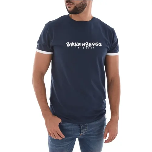 Stretch Baumwoll Logo T-Shirt - Blau , Herren, Größe: S - Bikkembergs - Modalova