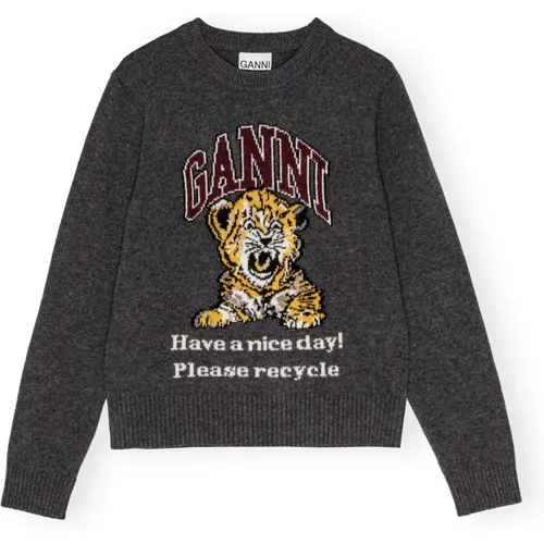 Grafischer Tiger Woll Crewneck Pullover , Damen, Größe: S - Ganni - Modalova