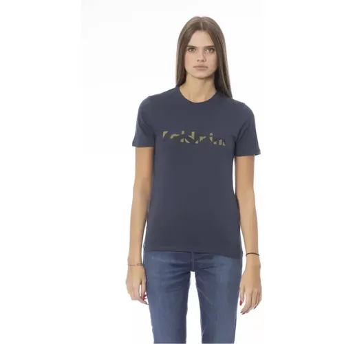 Blaues T-Shirt mit Rundhalsausschnitt Trend Print , Damen, Größe: M - Baldinini - Modalova