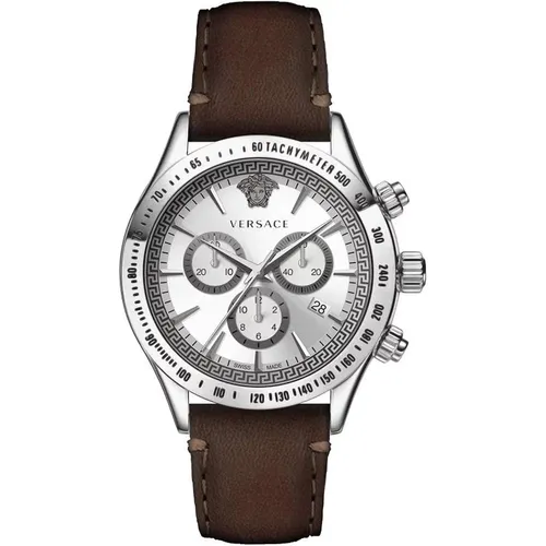 Klassischer Chrono Braun Leder Silber Stahl Uhr , Herren, Größe: ONE Size - Versace - Modalova