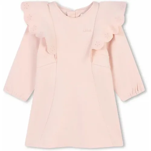 Blumig Besticktes Rosa Kleid,Rosa Rüschen Kleid Baumwollfleece - Chloé - Modalova