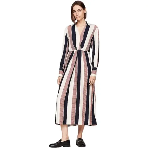 Gestreiftes V-Ausschnitt langes Kleid , Damen, Größe: L - Tommy Hilfiger - Modalova